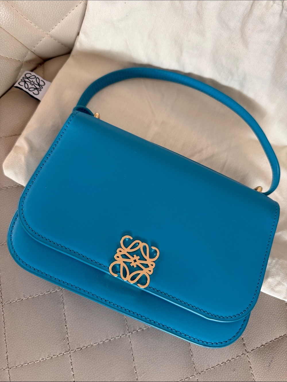 Blue Leather Top-Handle Shoulder Bag /xbody with Gold Emblem